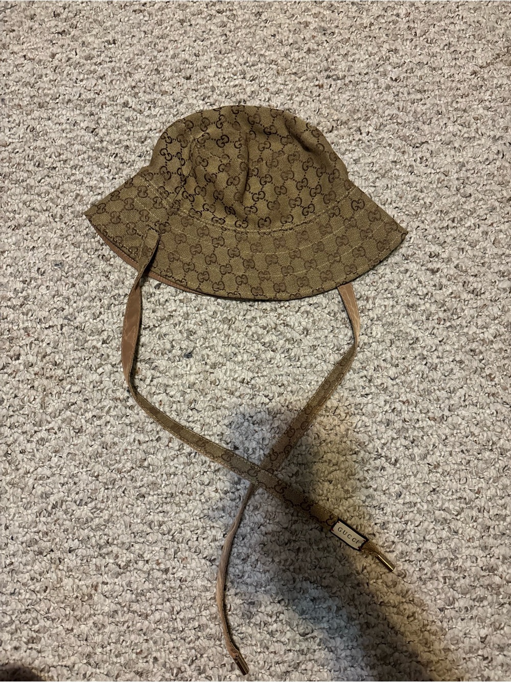 Gucci Brown Monogram Bucket Hat with Chin Straps